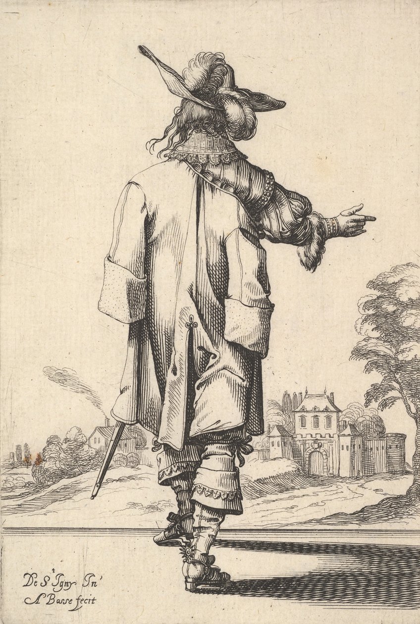 En herre, sedd bakifrån, med höger arm utsträckt och en mantel över vänster s..., 1629. av Abraham Bosse