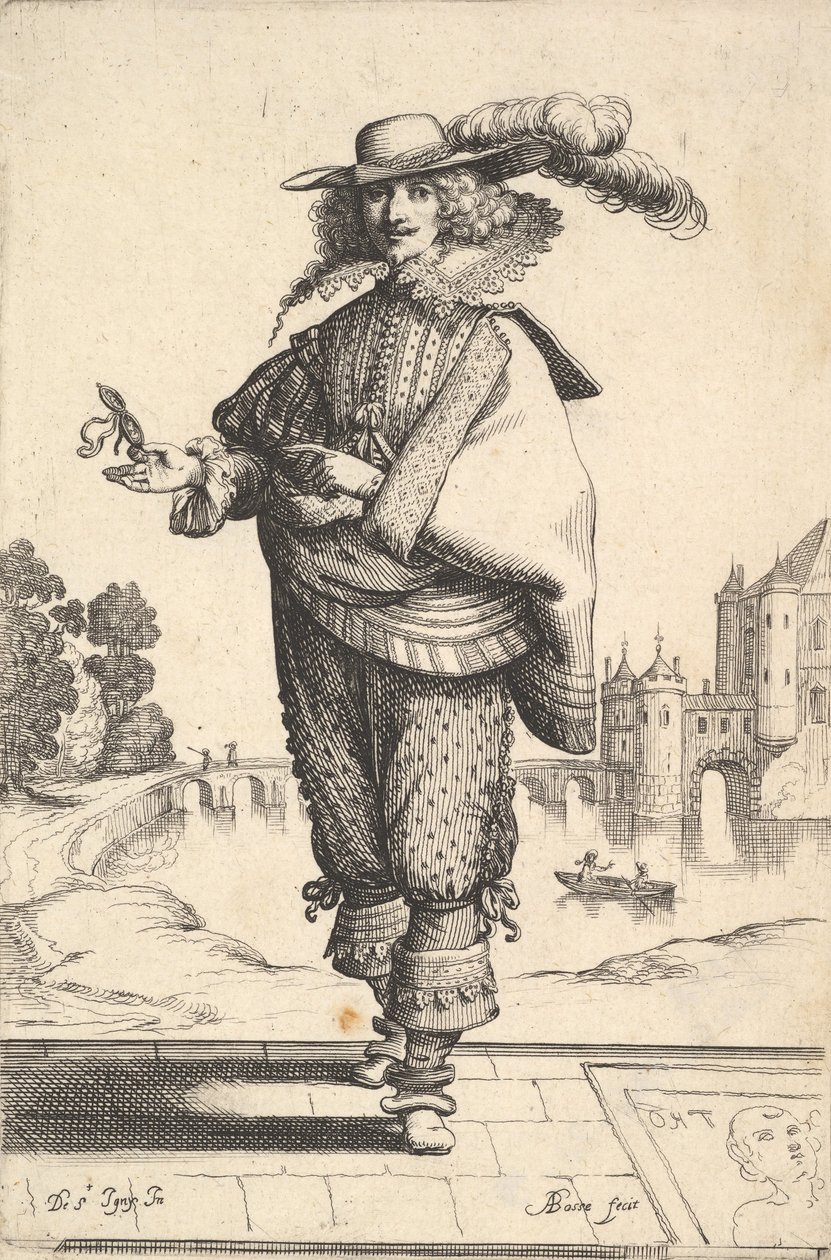 En herre som står framför ett stort slott och bär en plymerad hatt och en spetskrage..., 1629. av Abraham Bosse