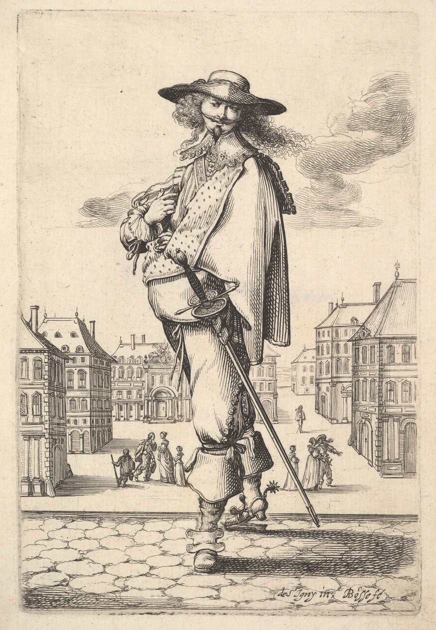 En gentleman, vände sig tre fjärdedelar till vänster, iklädd hatt och stövlar med sporrar, carryi..., 1629. av Abraham Bosse