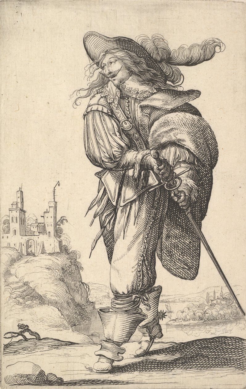 En gentleman som går åt vänster och drar sitt svärd från skidan, iklädd en plu..., 1629. av Abraham Bosse