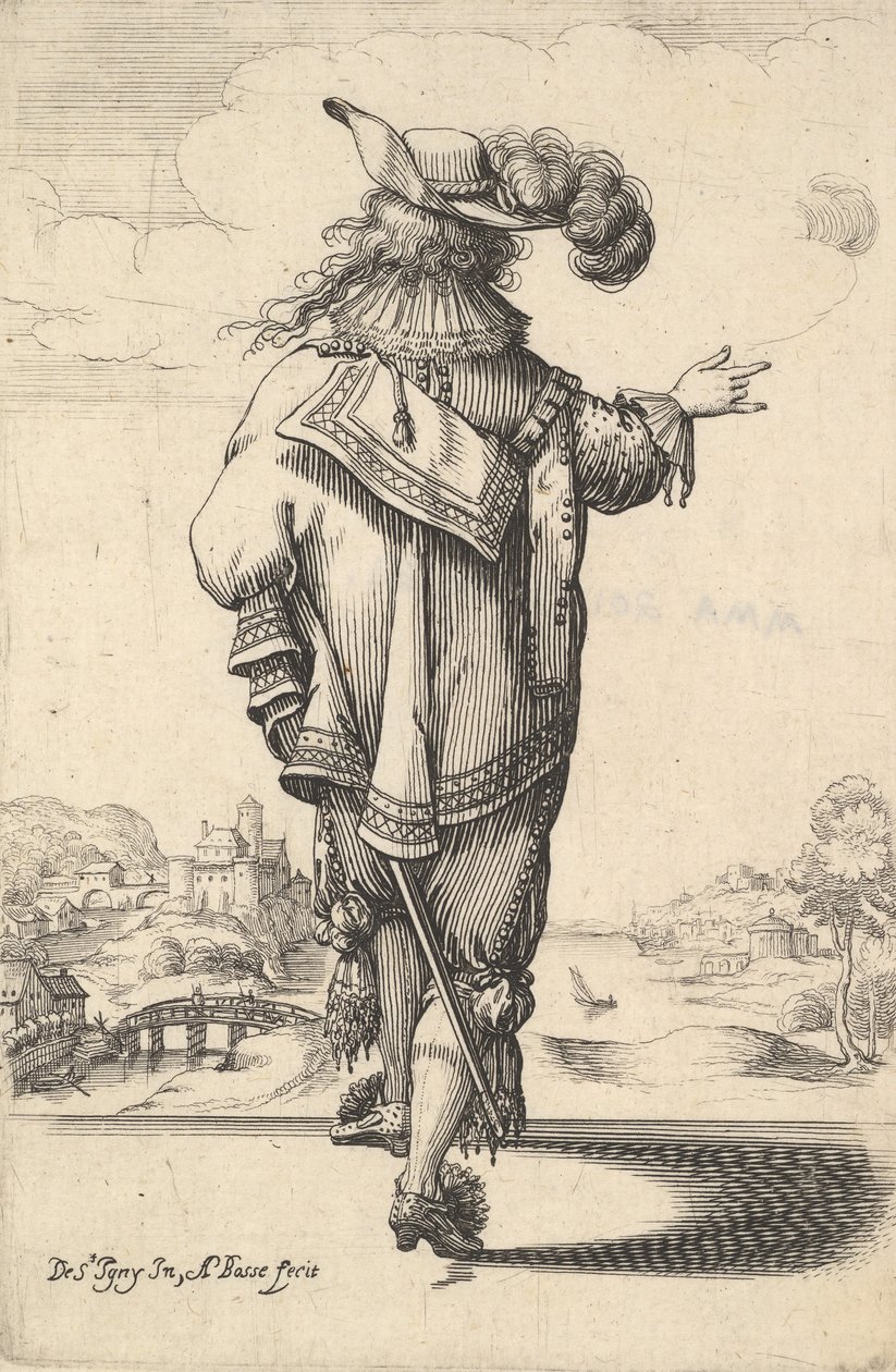 En herre som bär en plymerad hatt och bär ett svärd, sedd bakifrån, högerarmen ut..., 1629. av Abraham Bosse