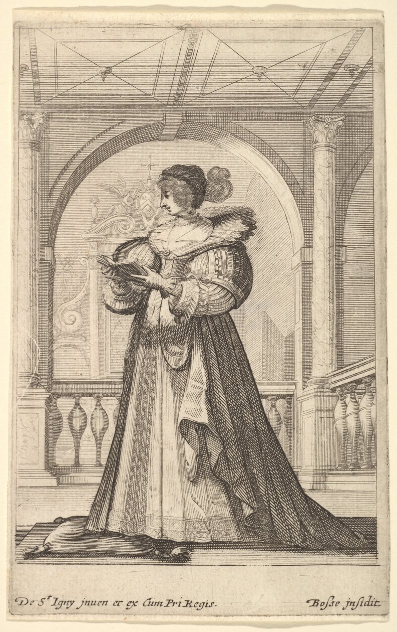 En kvinna som står, vänd mot vänster i profil, iklädd hatt och spetskrage, läser..., ca. 1629. av Abraham Bosse