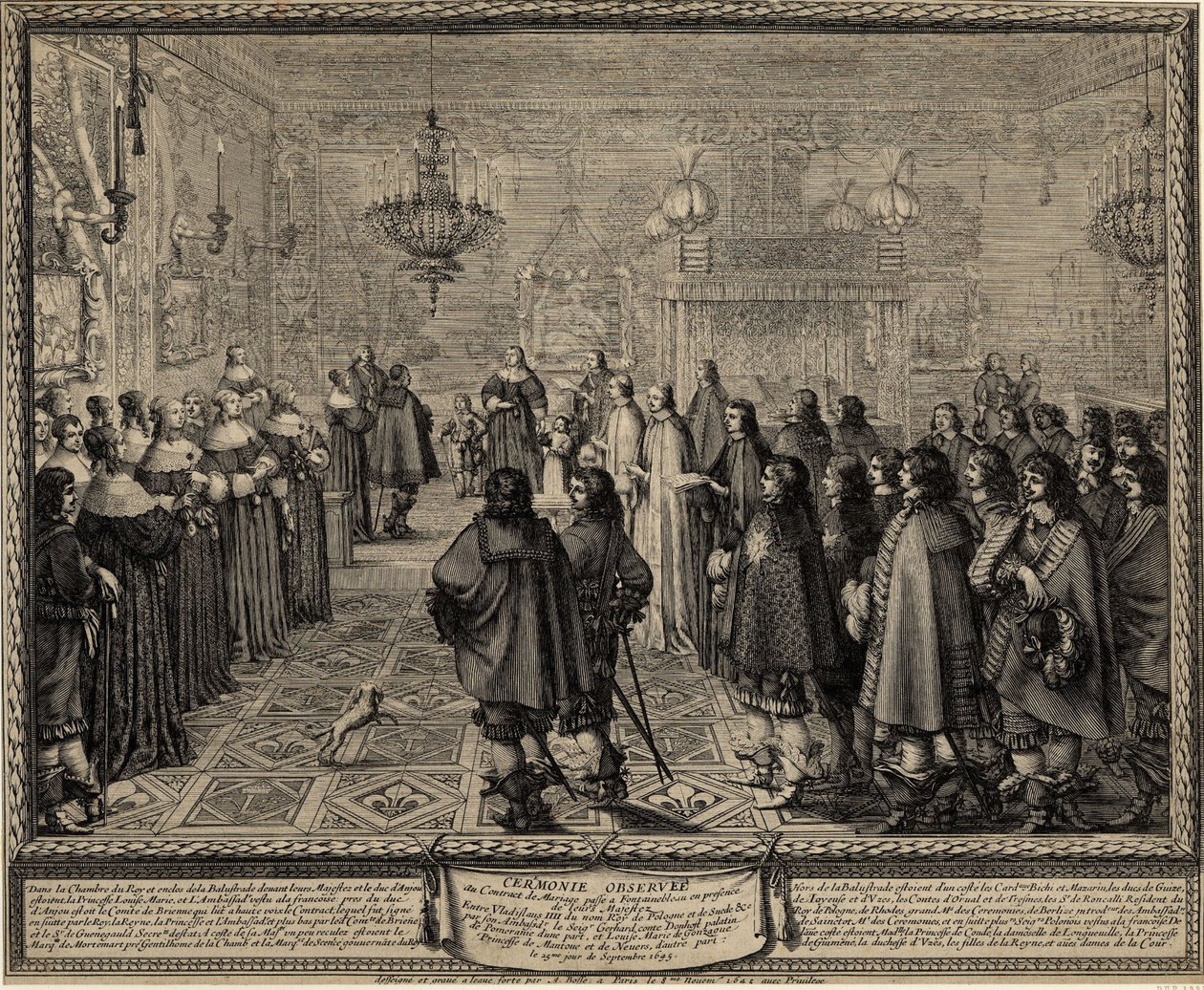 Ceremoni för äktenskapskontraktet mellan Wladyslaw IV, kung av Polen och Marie Louise Gonzaga. av Abraham Bosse