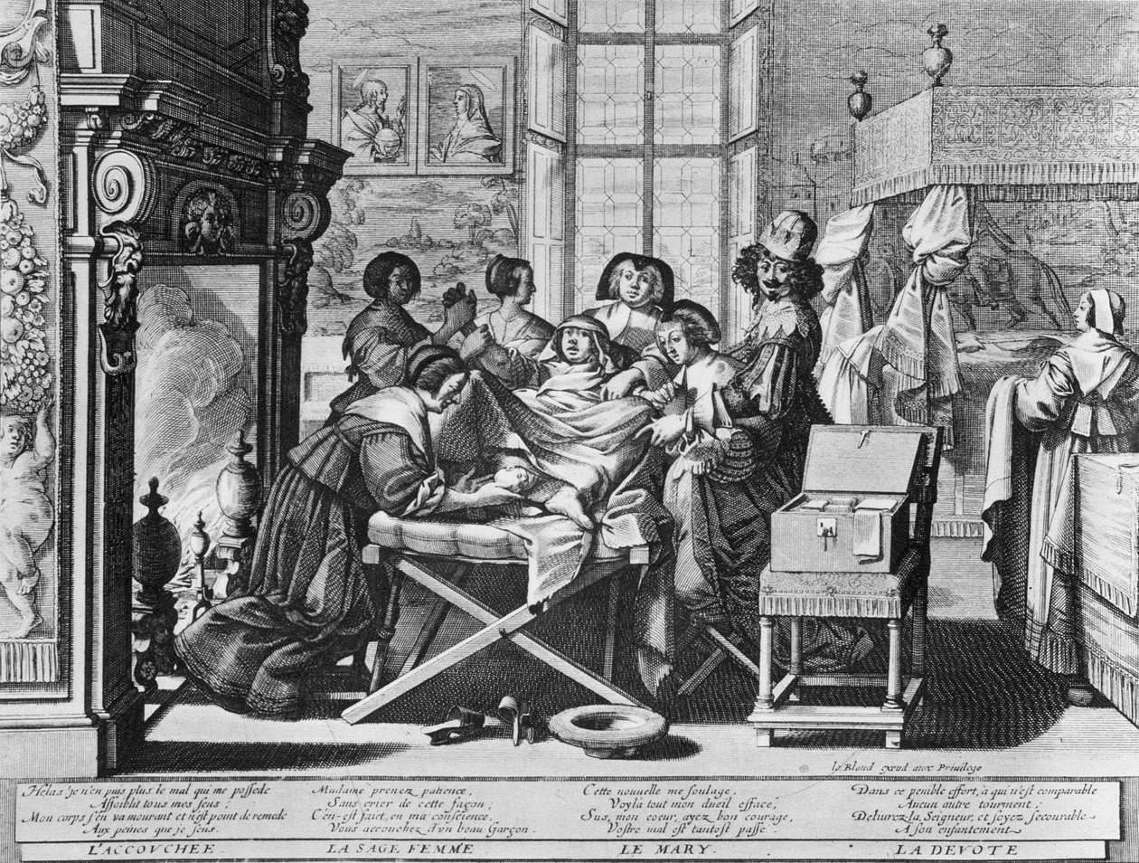 Gravyrserie (water forte) med titeln "" Äktenskapet med staden""" från 1633 av Abraham Bosse - "" Förlossning"": på arbetsbädden. av Abraham Bosse