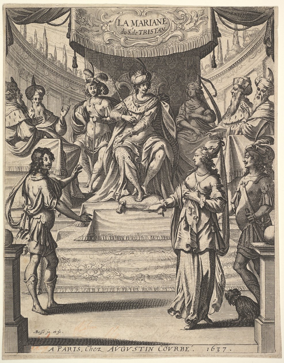 Frontispice för Tristan LHermite: Marianne står till höger framför Herodes och hans kur..., 1637. av Abraham Bosse