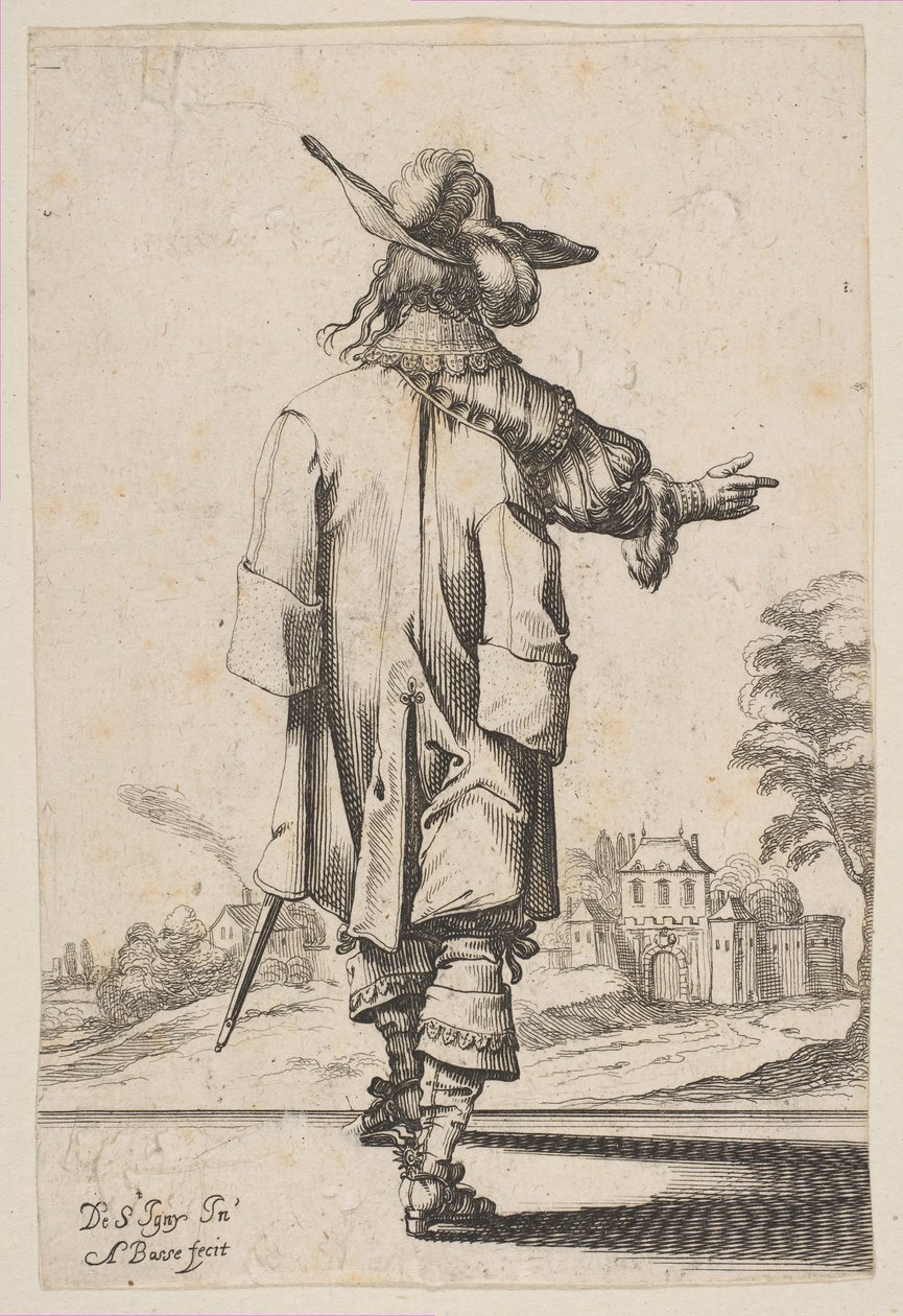 Gentleman sedd bakifrån och pekar mot ett slott, 1629. av Abraham Bosse