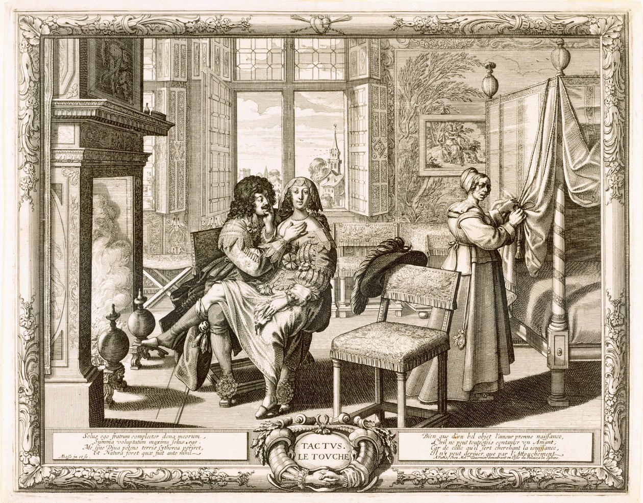 Man med hustru sittande på knä vid eldstaden, Bosse, Abraham (1602-76) av Abraham Bosse