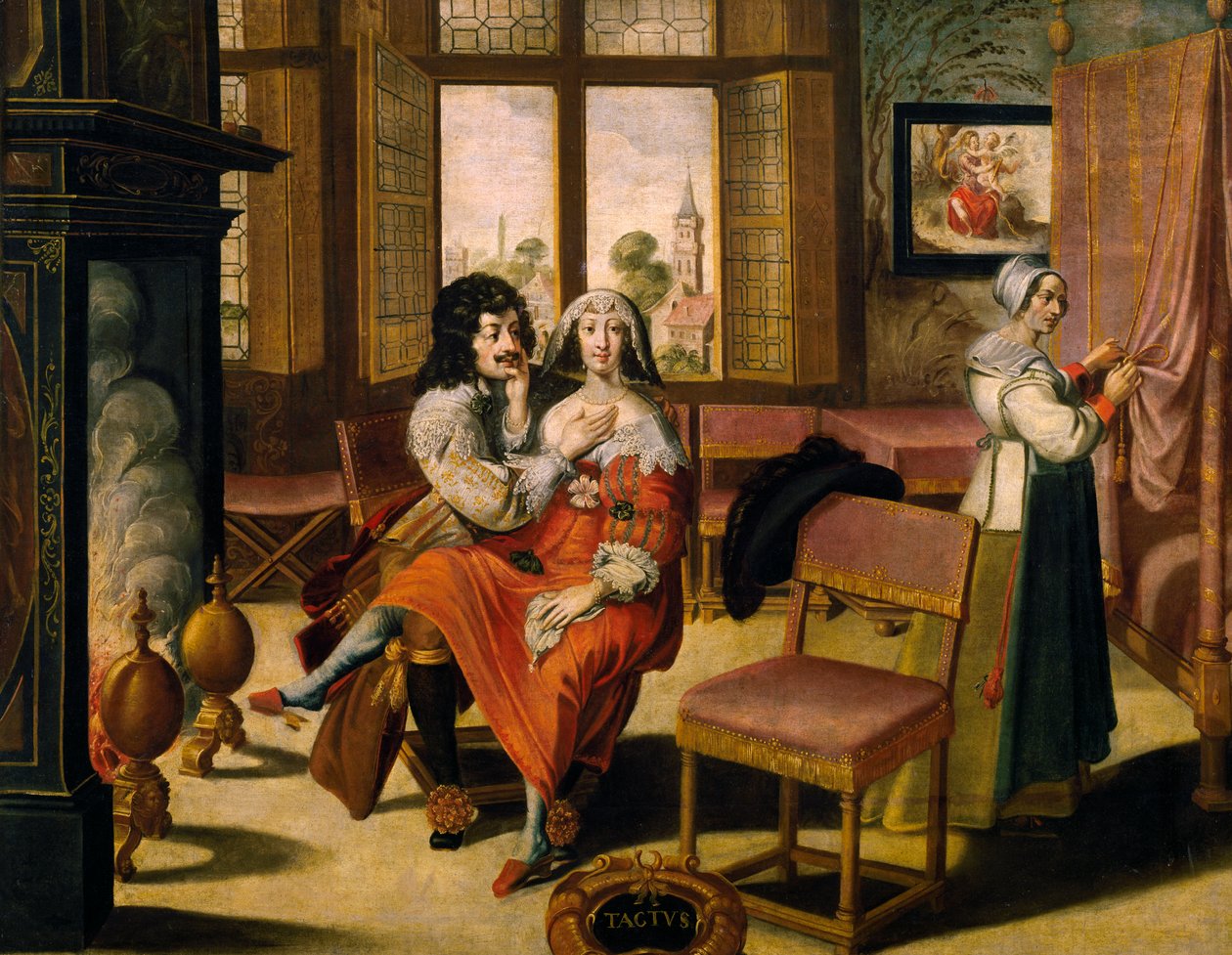 Sense of touch, ca 1635, av Abraham Bosse (1604-1676), efter målning från serie om 5 av okänd konstnär, Frankrike av Abraham Bosse