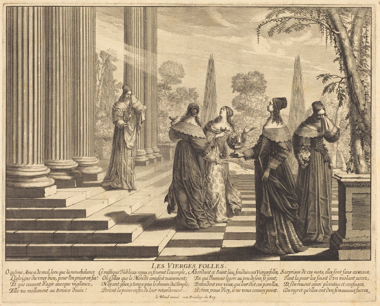 De fåvitska jungfrurna närmar sig templet av Abraham Bosse