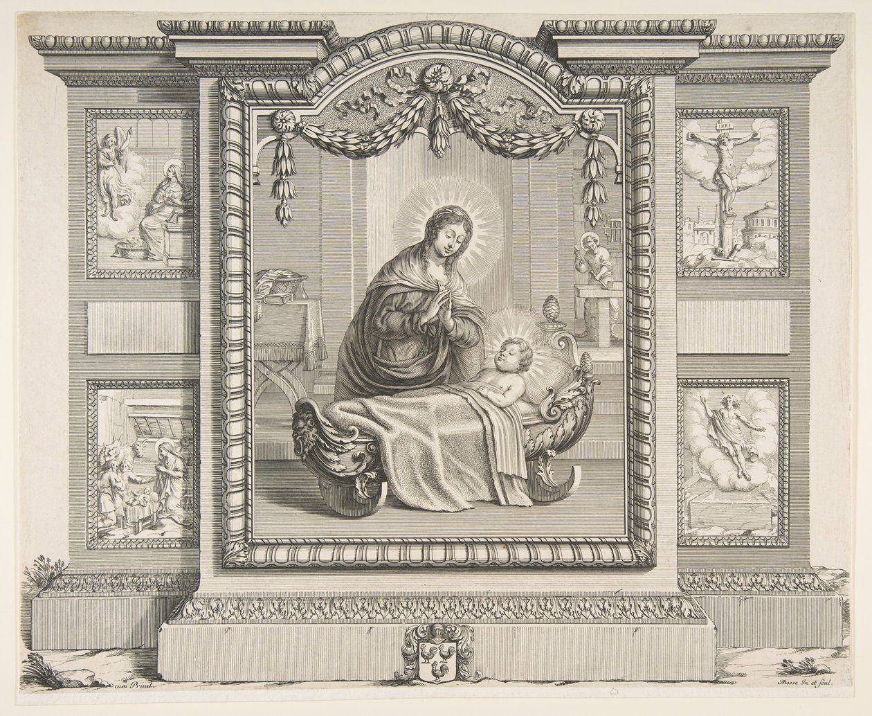 Födelsekyrkan med scener av bebådelsen, tillbedjan av herdarna, Cruci..., 1620-76. av Abraham Bosse