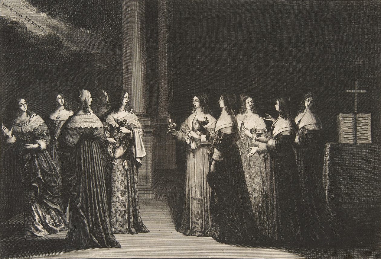 De kloka jungfrorna vägrar olja till de dåraktiga jungfrorna, ca. 1635. av Abraham Bosse