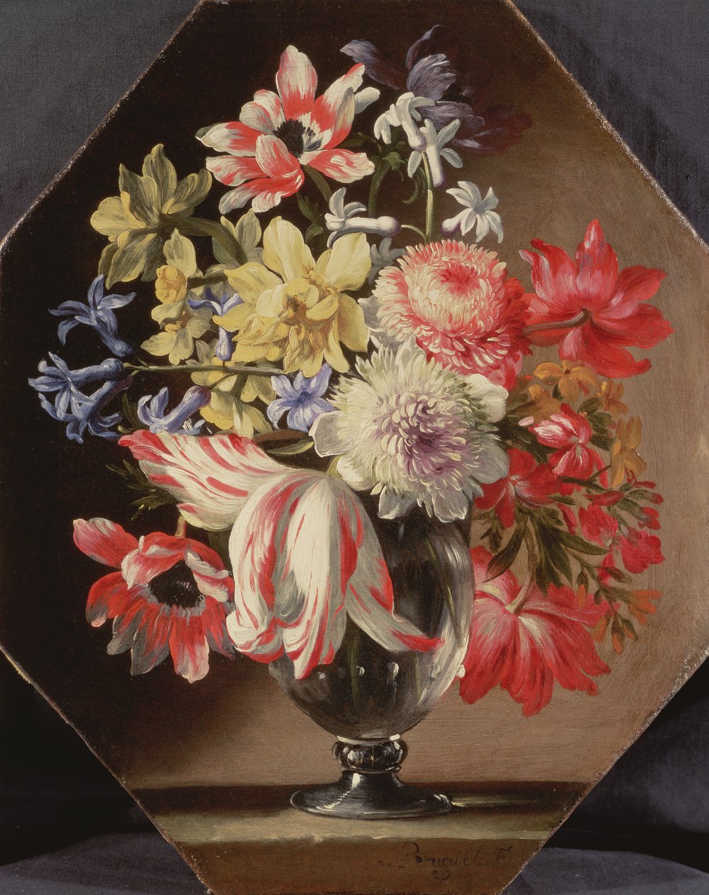 En glasvas med blommor på en stenavsats som innehåller tulpaner, krysantemum, rosor och blåklockor av Abraham Brueghel