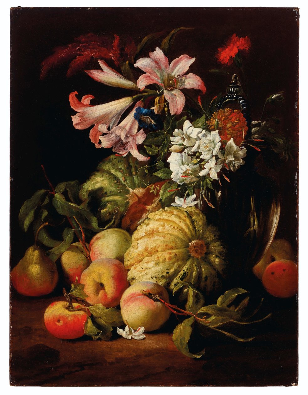 Liljor och andra blommor i en glasvas med persikor och meloner av Abraham Brueghel