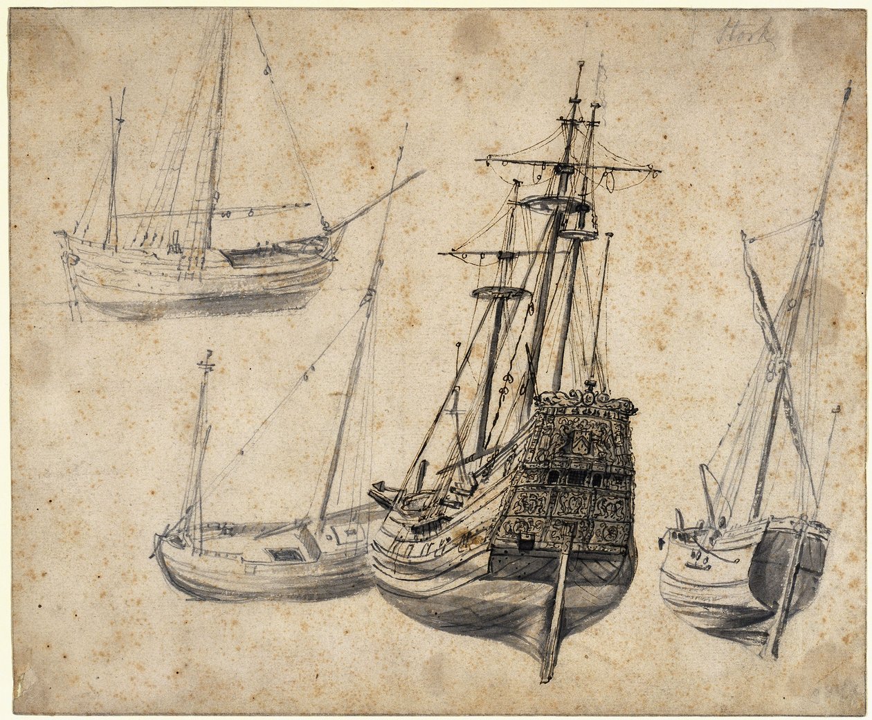 Studieblad med en tremastare och båtar av Abraham Casembroot