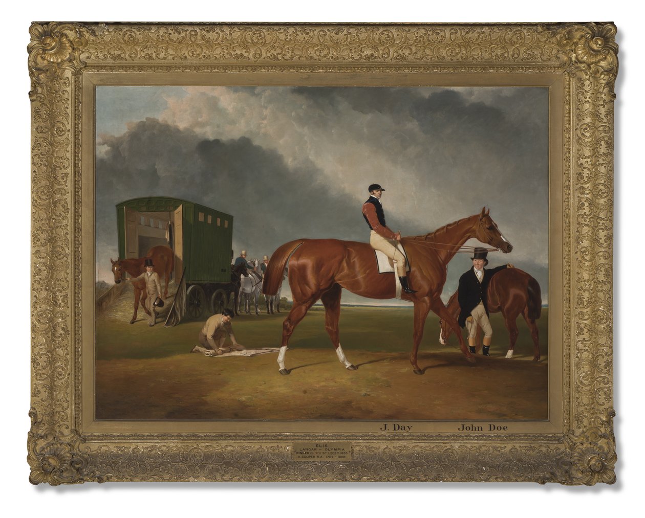 Porträtt av Lord George Bentincks Horse Elis med ryttare, John Day, och tränare, John Doe, Doncaster, 1836 av Abraham Cooper
