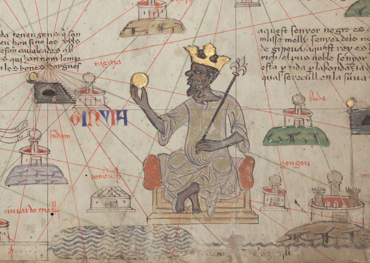 Detalj från den katalanska atlasen, blad 6, som visar Mansa Musa på tronen, 1375 av Abraham Cresques