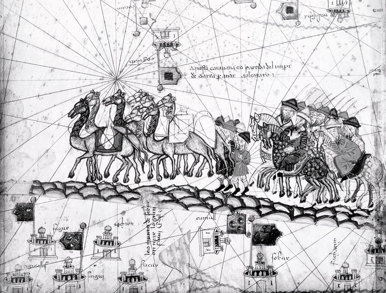 Ms Esp 20 panel 4, Köpmän som reser till Cathay, Kina, följer i Marco Polos fotspår, detalj som visar Marco Polos familj som reser med kamelkaravan, från Catalan Atlas publicerad för Charl av Abraham Cresques