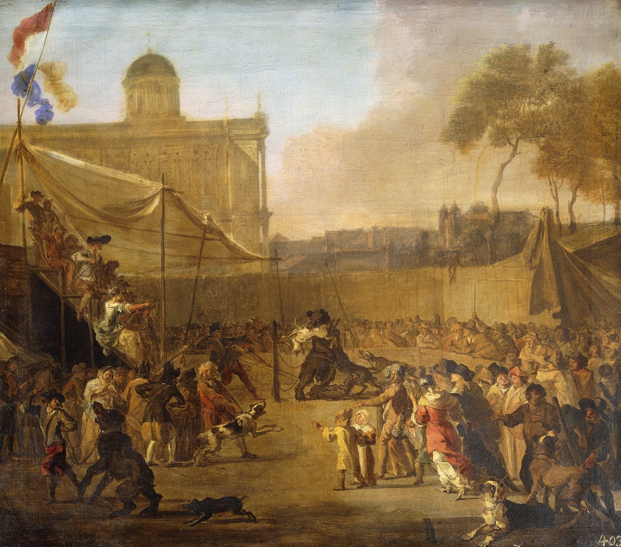 En folkmassa som tittar på björnbete på ett torg, av Abraham Danielsz. Hondius