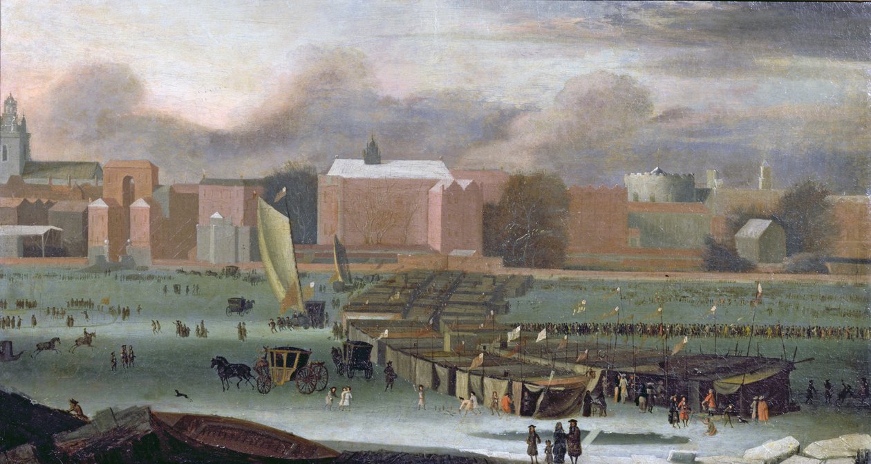 Frostmarknad på Themsen vid Temple Stairs, ca 1684 av Abraham Danielsz. Hondius