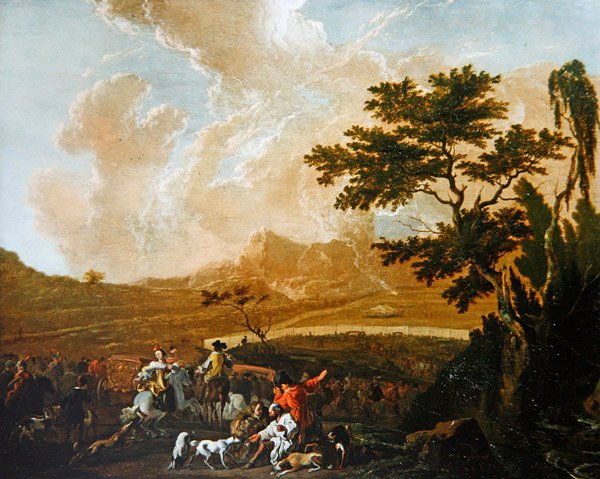 A Hunting Party (olja på panel) av Abraham Danielsz. Hondius