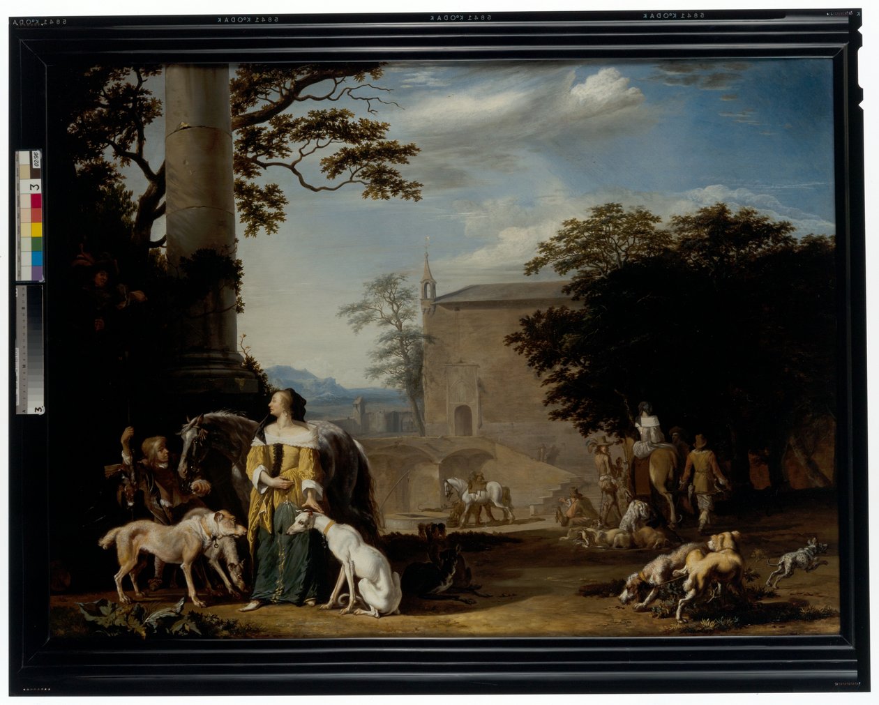 Ett skogslandskap med jägare och deras djur som vilar vid en vattenplats av Abraham Danielsz. Hondius