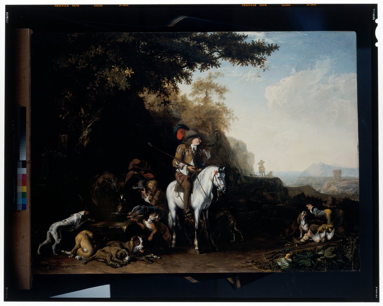 Ett vidsträckt landskap med ett jaktparti som vilar vid ett vattentråg och en idrottsman som skjuter av Abraham Danielsz. Hondius
