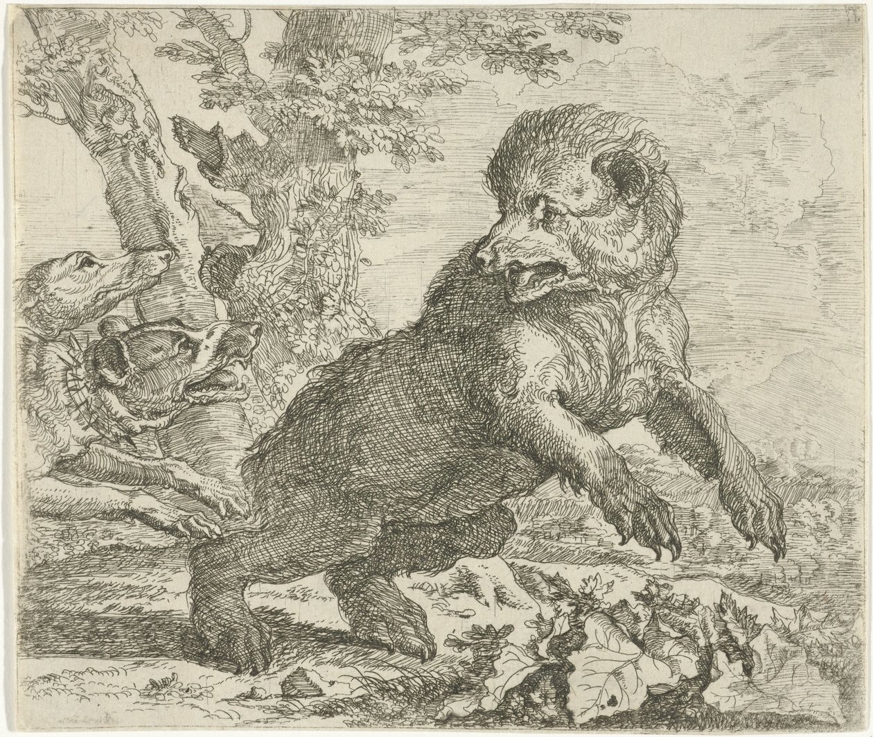 Björn attackerad av hundar Olika djur (serietitel) av Abraham Danielsz. Hondius