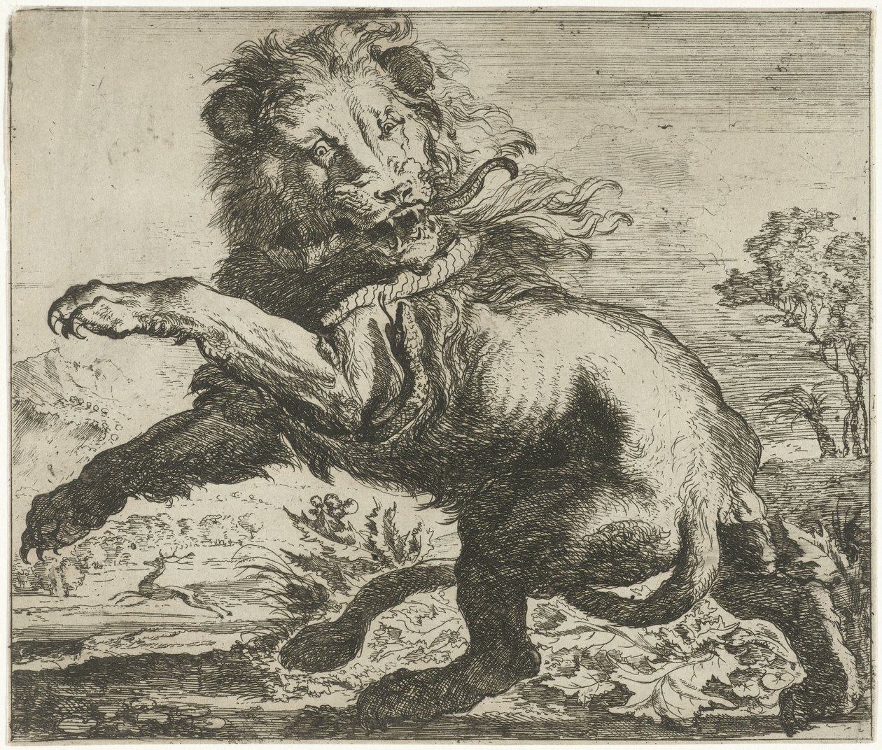Lejon och orm slåss Olika djur (serietitel) av Abraham Danielsz. Hondius