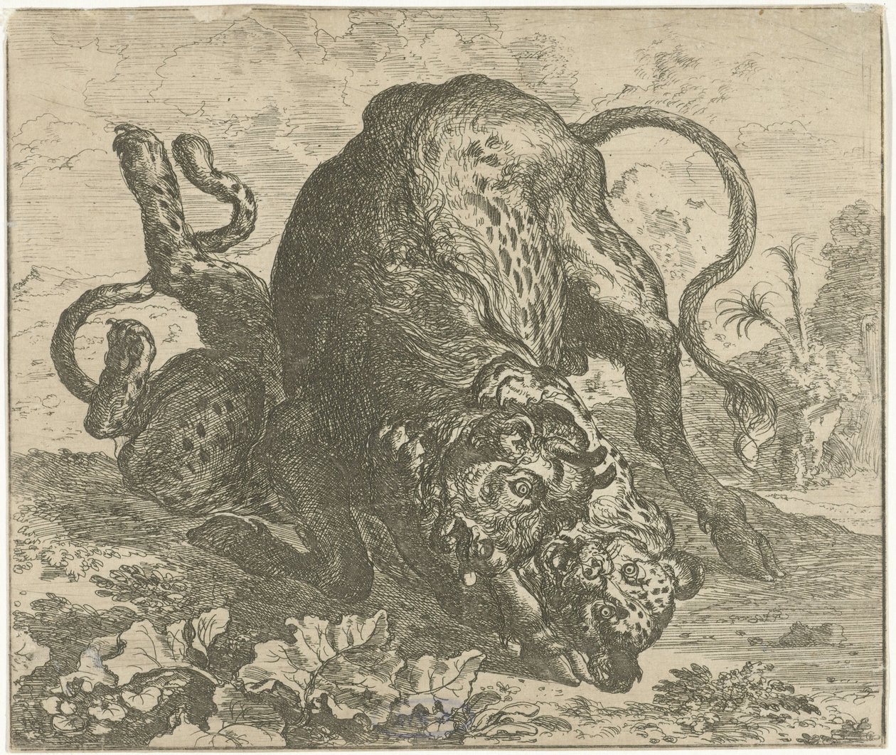 Leopard och Bull Olika djur (serietitel) av Abraham Danielsz. Hondius