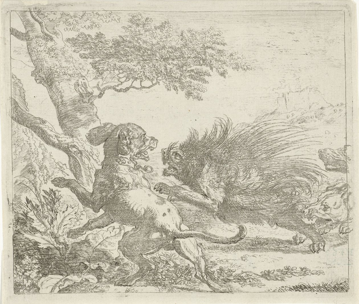 Piggsvin attackerad av hundar Olika djur (serietitel) av Abraham Danielsz. Hondius