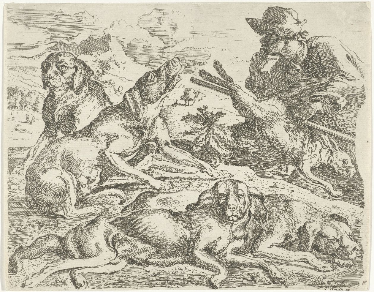 Fyra hundar, en jägare och en hare av Abraham Danielsz. Hondius