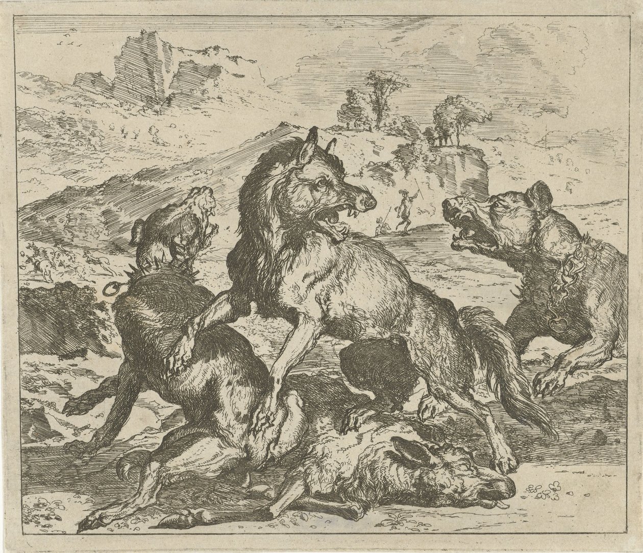 Varg attackerad av hundar Olika djur (serietitel) av Abraham Danielsz. Hondius