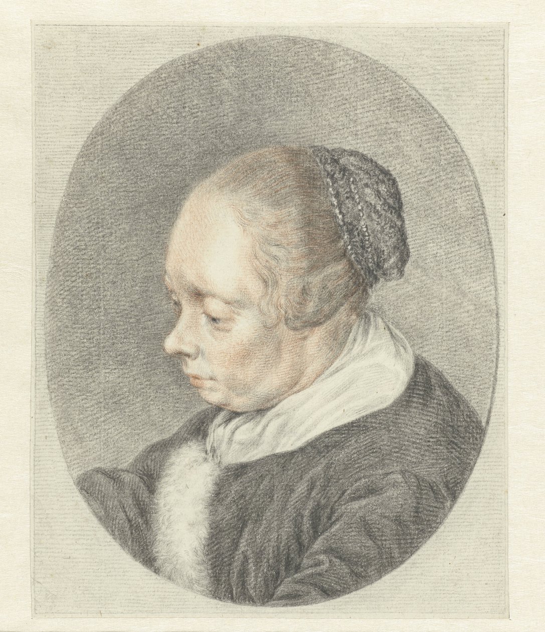 The Spinster (detalj av kvinnans huvud) av Abraham Delfos