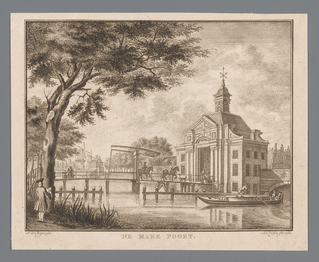 Utsikt över Marepoort i Leiden The Mare Gate (titel på objekt) av Abraham Delfos