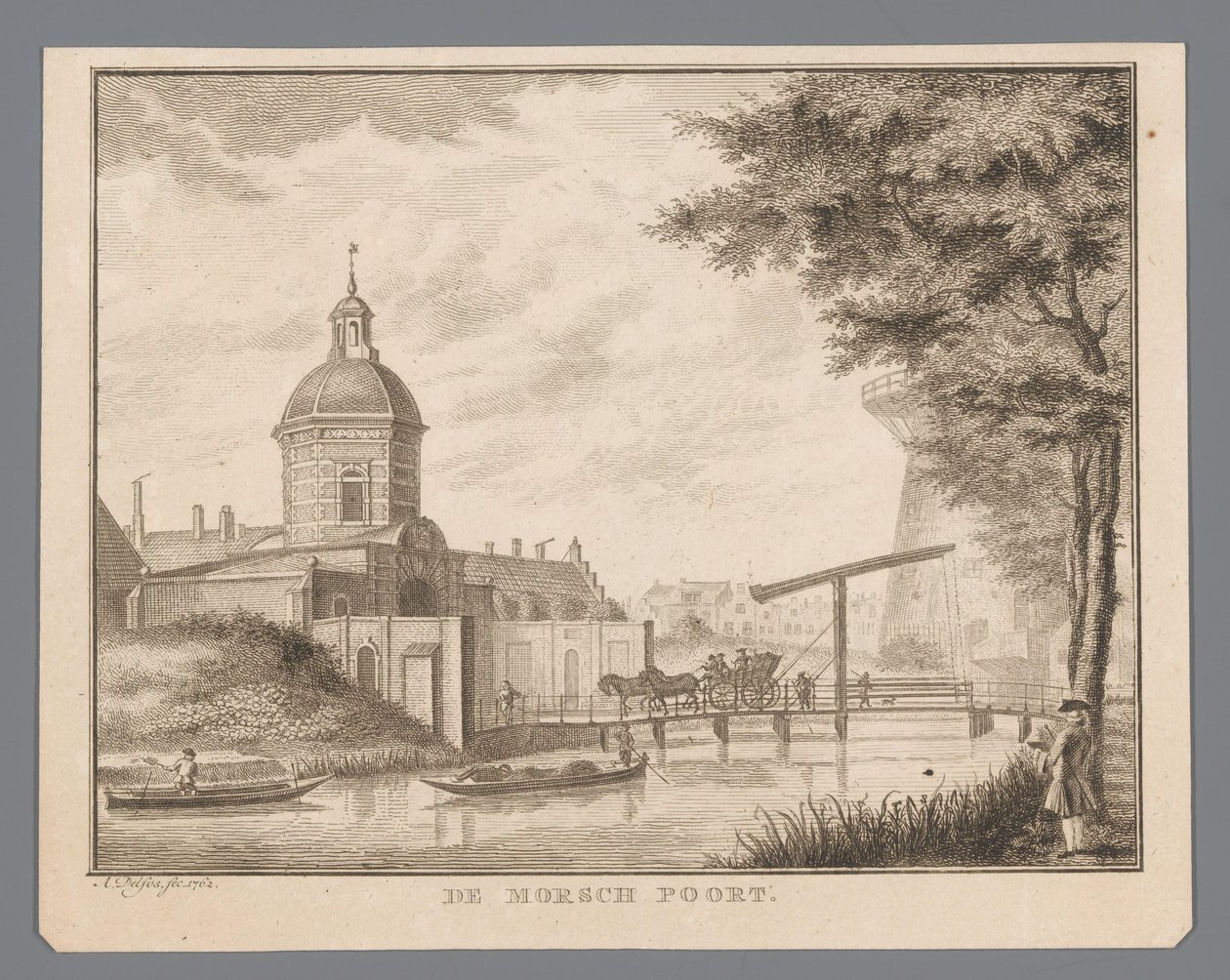 Utsikt över Morspoort i Leiden Morschporten (titel på objekt) av Abraham Delfos