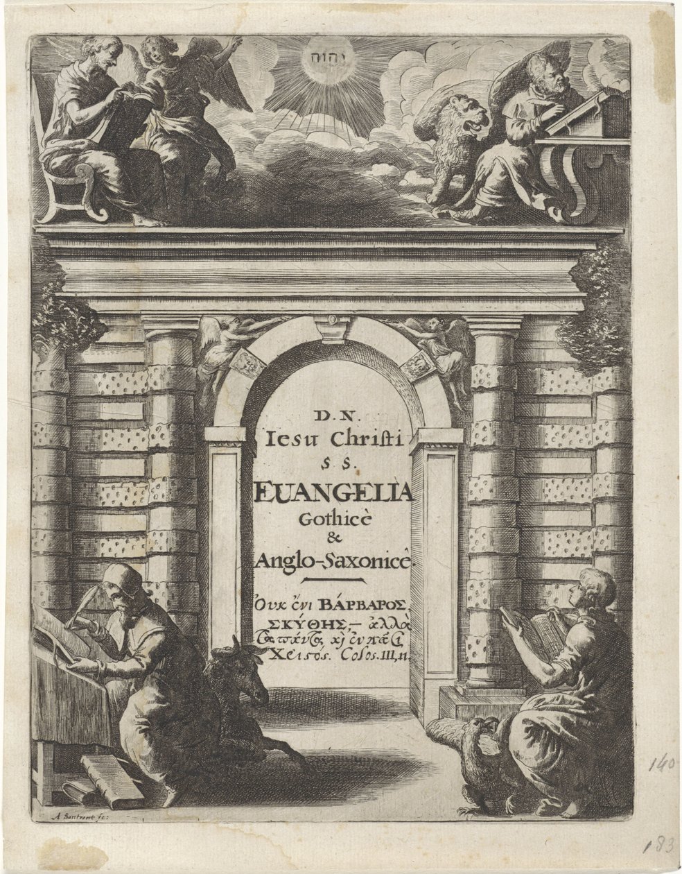 Fyra evangelister runt en ingångsport Titelsida för: Junius, Franciscus och Marshall, Thomas. Quatuor D.N. Jesus Christi S.S. Evangelia Gothice & Anglo-Saxonice, 1665 av Abraham Dircksz. Santvoort