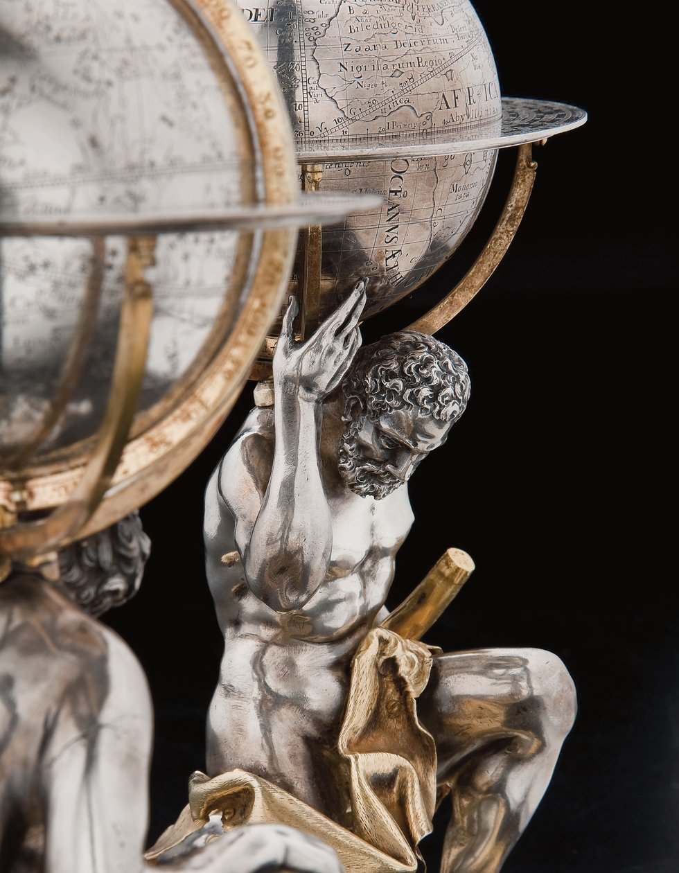 Två exceptionella jord- och himlaklot, med stöd av Hercules och Atlas, Augsburg av Abraham Drentwett