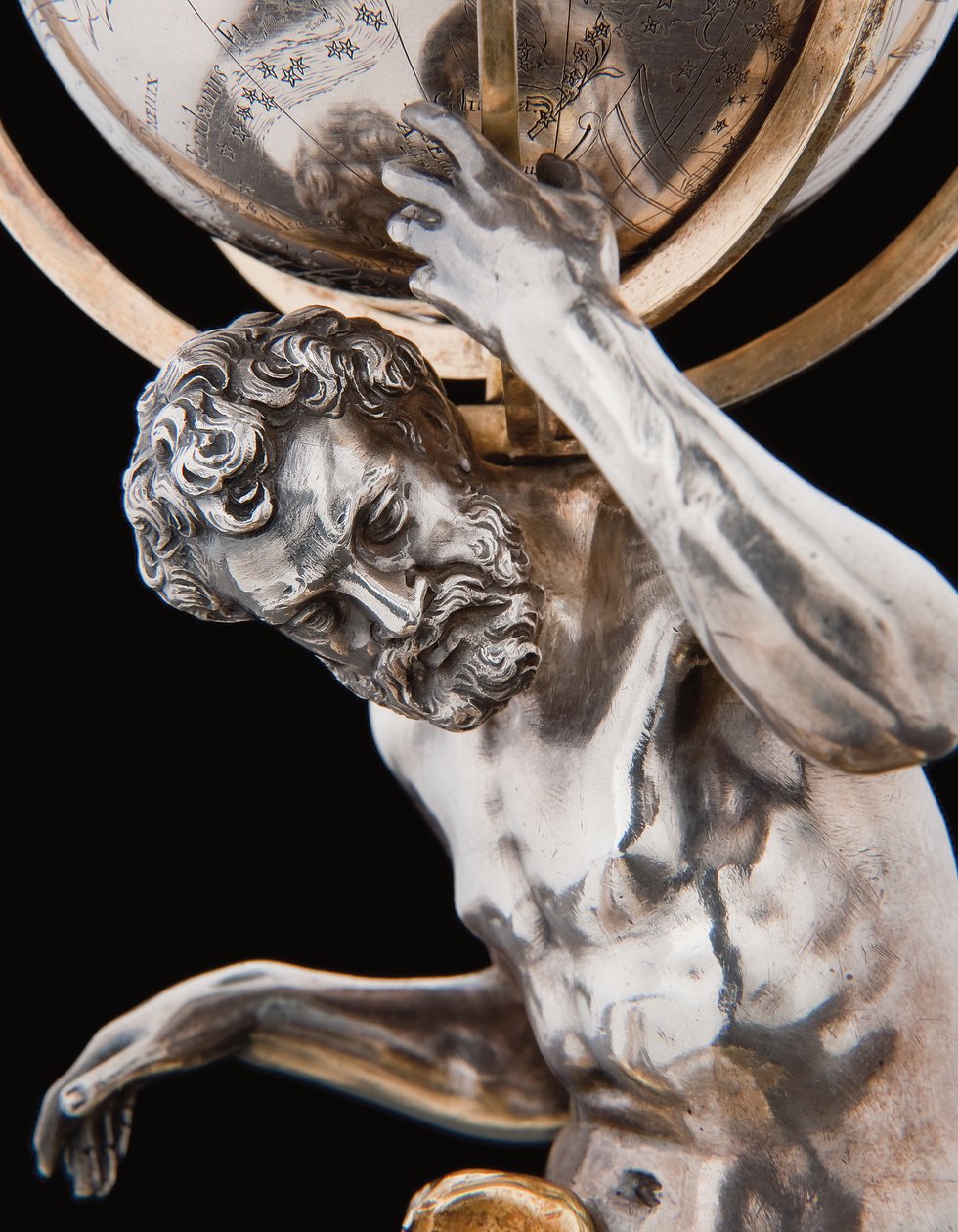 Två exceptionella jord- och himlaklot, med stöd av Hercules och Atlas, Augsburg av Abraham Drentwett