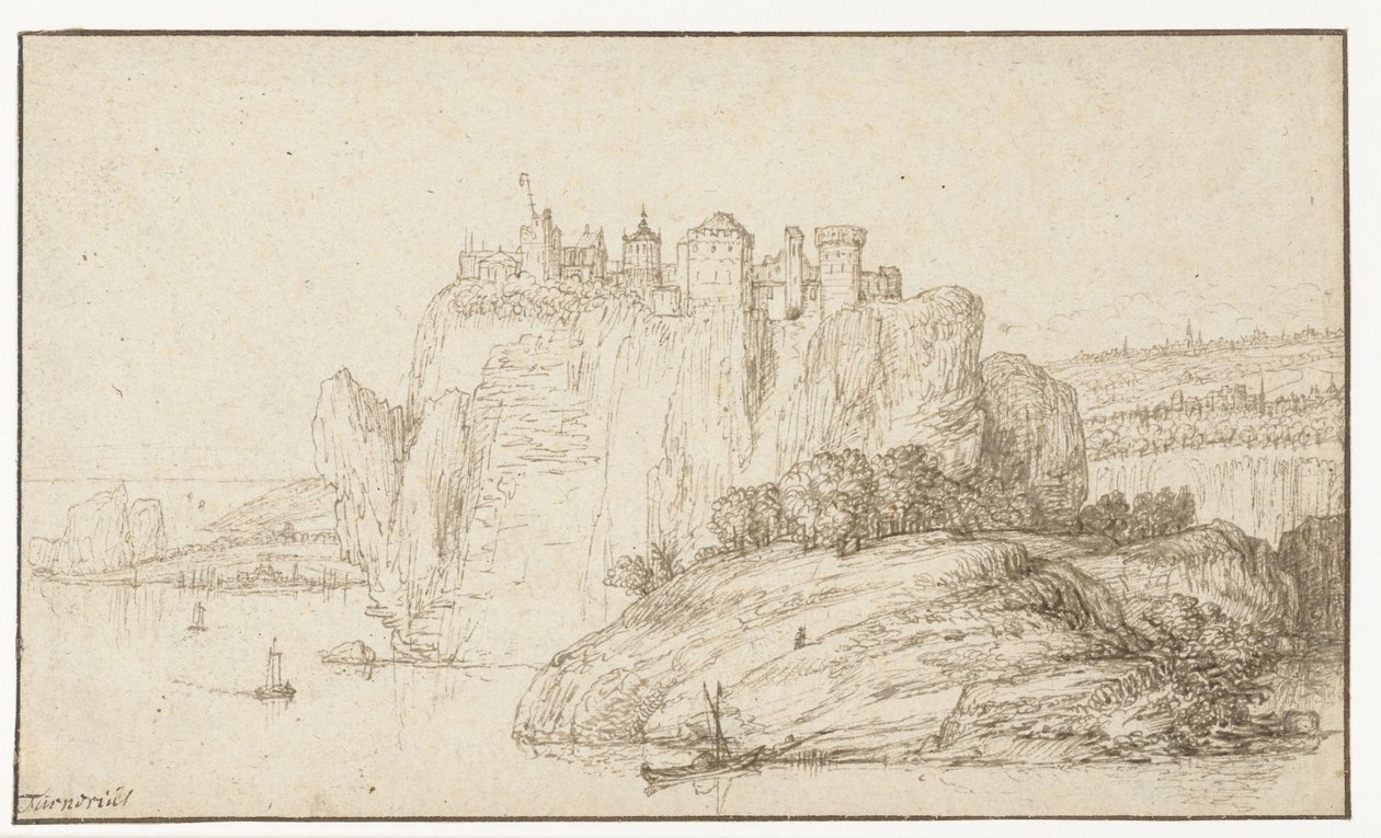 Slott på en klippa i ett flodlandskap av Abraham Furnerius
