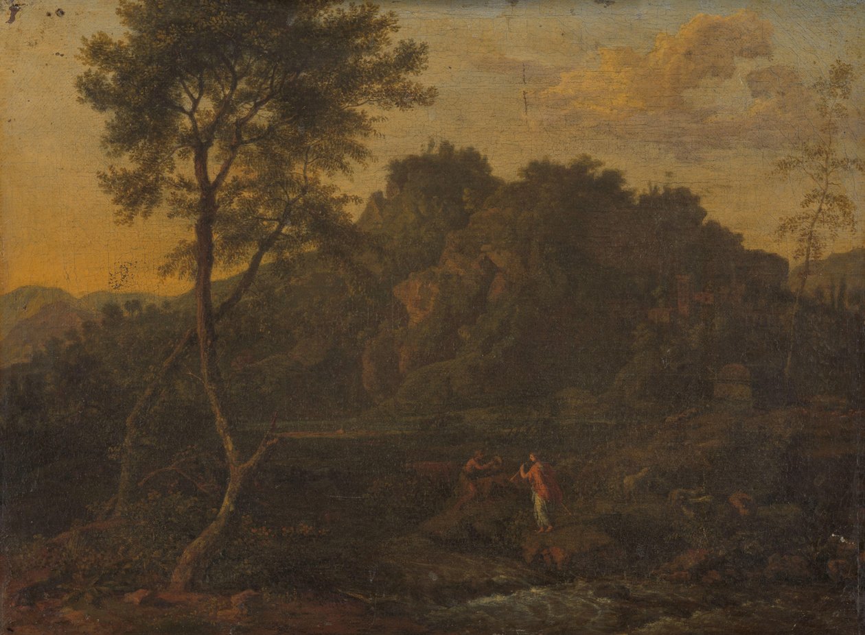Nymf och herde gör musik i ett landskap av Abraham Genoels (attributed to)