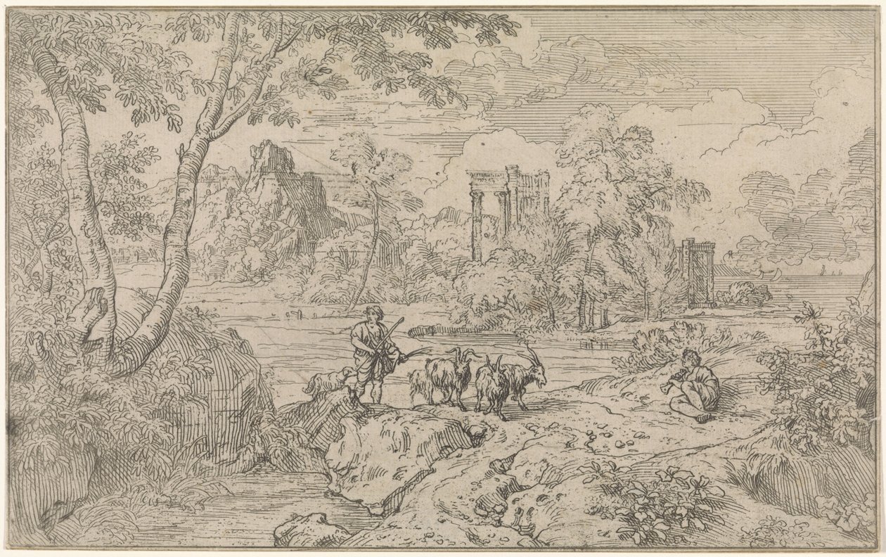 Arkadiskt landskap med getherde av Abraham Genoels