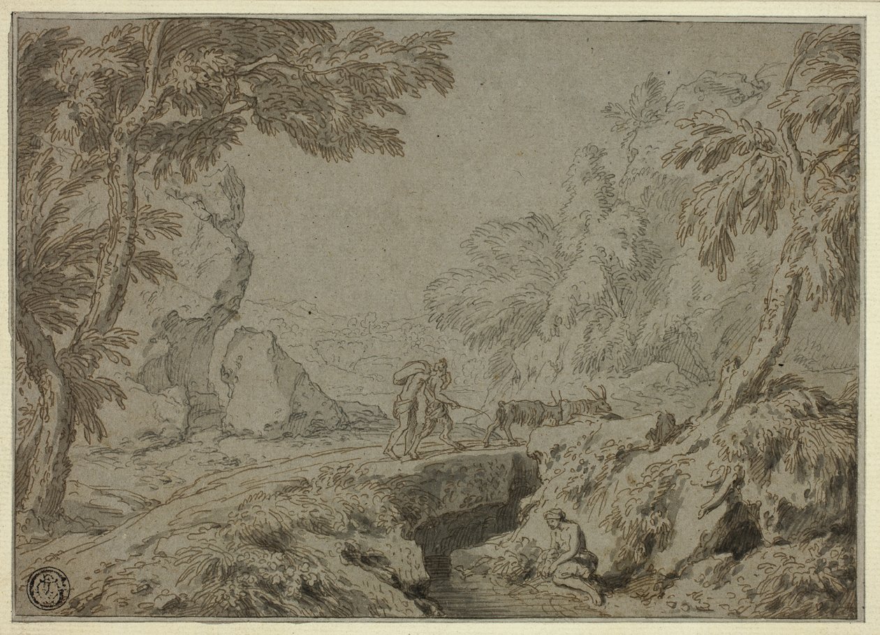 Landskap med satyr, getter och andra figurer av Abraham Genoels II