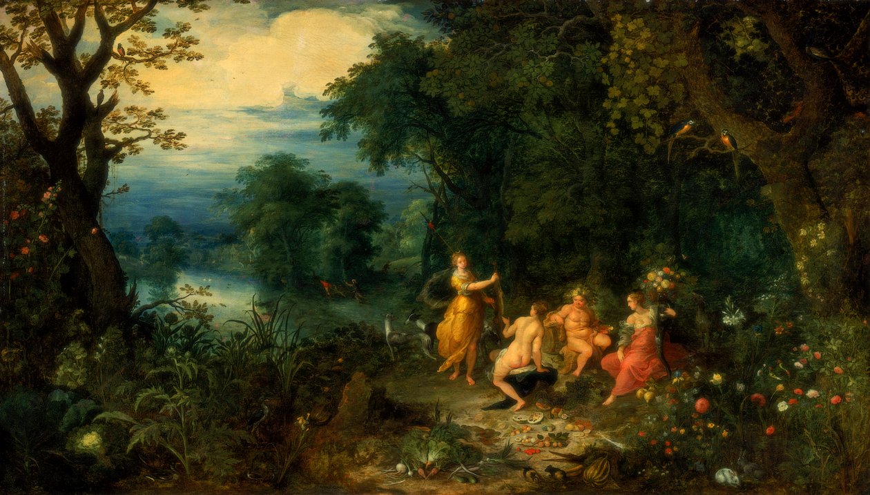 Ett landskap med trä, Diana erbjuder en hare till en nymf, Silenus och Ceres i förgrunden, c1614 av Abraham Govaerts