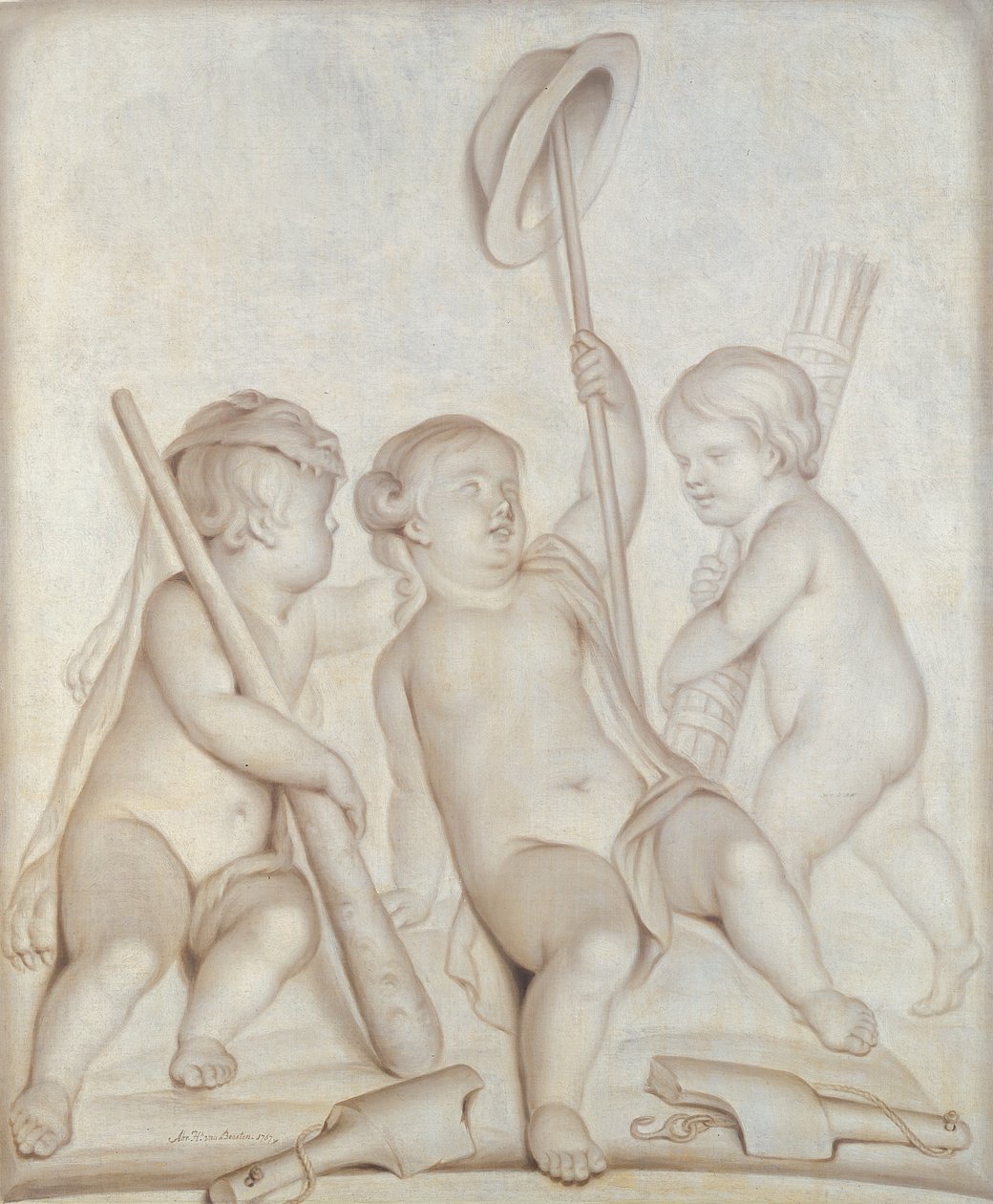 De tre keruberna (grisaille), Putti med attributen till Herkules och Merkurius, 1767 av Abraham Hendrick van Beesten