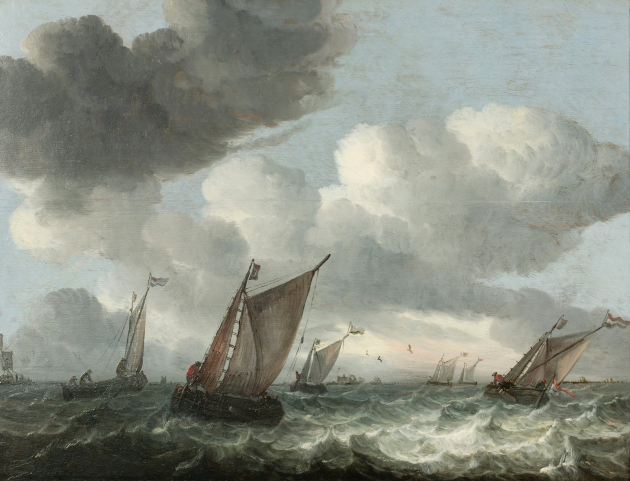 Fiskebåtar utanför kusten i ett hackigt hav (olja på panel) av Abraham Hendricksz van Beyeren