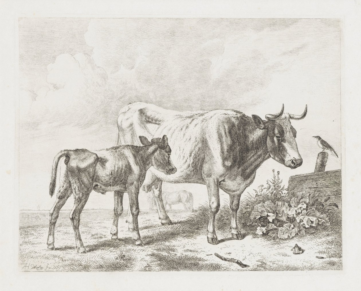 Ko och en kalv i en hage av Abraham Hendrik Winter