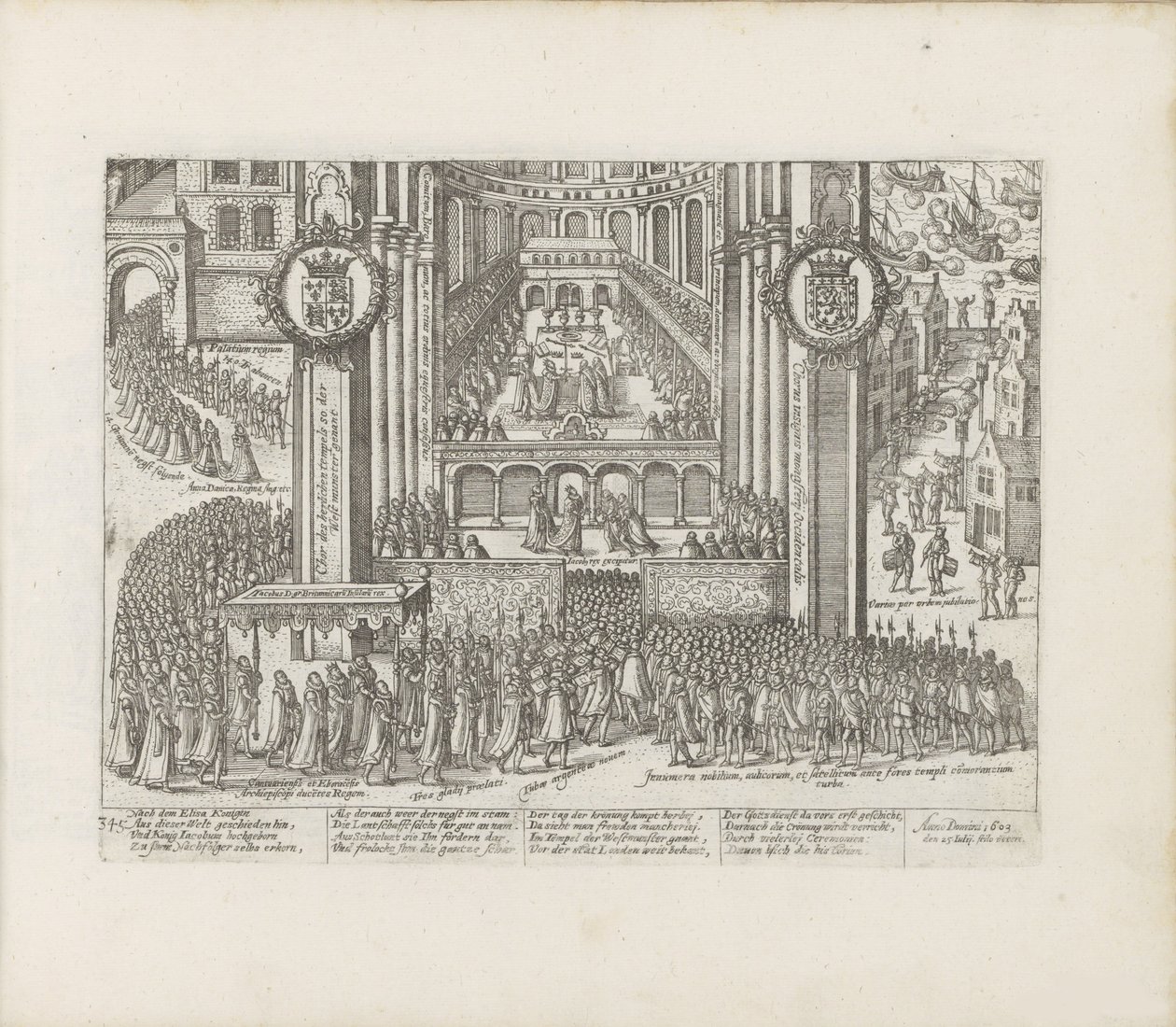 Vy över exteriören på Westminster Abbey under kröningen av James I av Abraham Hogenberg