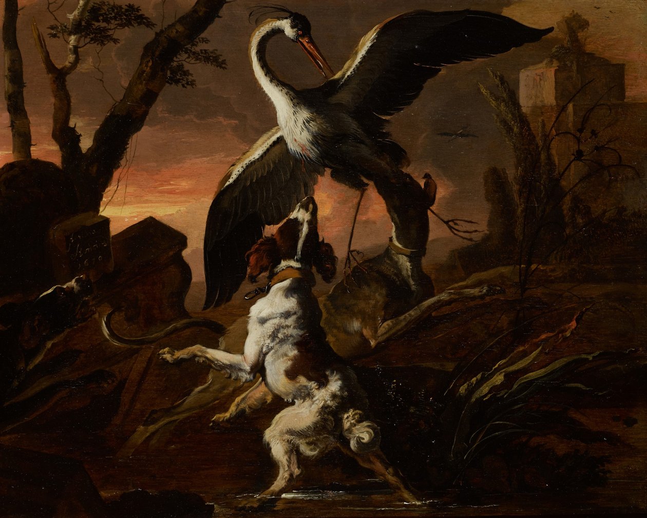 Tre hundar attackerar en lyftkran i ett landskap av Abraham Hondius