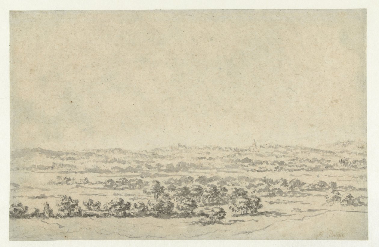 Flodlandskap, med ett torn i fjärran av Abraham Jansz Begeyn