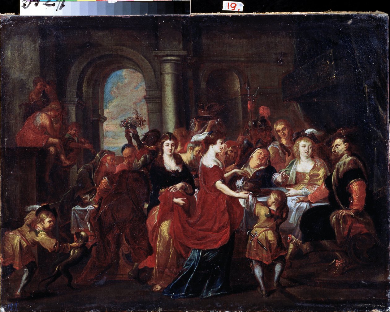""Herodes fest"" (Herodes bankett) Herodes bankett (Herode Antipas) under vilken Herodiades (Salome) dotter kräver Johannes Döparens (Jean Baptiste) huvud på ett fat för att erbjuda det till sin mor. Helgonets huvud placeras på bordet. Måla av Abraham Jansz. van Diepenbeeck